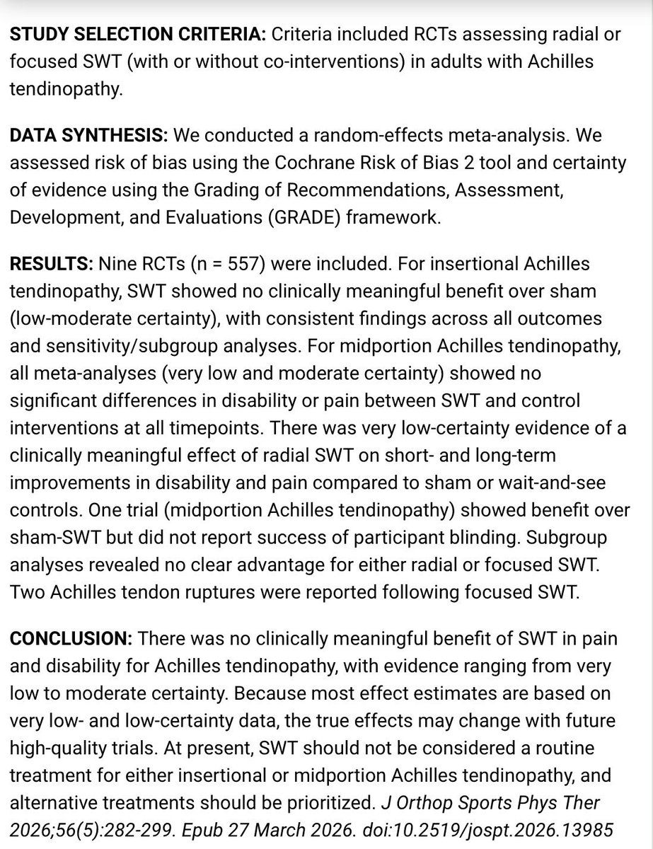 Retlouping's tweet photo. Shockwave Therapy for Midportion and Insertional Achilles Tendinopathy: A Nail in the Coffin? A Systematic Review With Meta-Analysis

https://t.co/T4yNVh3fW3

At present, SWT should not be considered a routine treatment for either insertional or midportion Achilles tendinopathy https://t.co/NsLX5w17h3