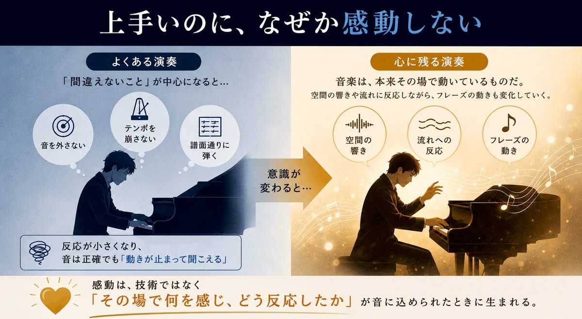 luther_ichimura's tweet photo. 「上手いのに、なぜか感動しない」

そう言われる演奏がある。

音程やリズムに大きな問題はない。
技術的にもきちんと成立している。

それなのに、なぜか印象に残らない。

なぜ起きるのか。

多くの場合、「間違えないこと」が演奏の中心になっているからだ。

音を外さないように気を配り、テンポを崩さず、譜面通りに再現することへ意識が集中していく。

もちろん、これらは大切だ。
ただ、それだけになると、演奏が「確認作業」に近づいていく。

音楽は、本来その場で動いているものだ。

空間の響きや流れに反応しながら、フレーズの流れも変化していく。

しかし、「失敗しないこと」が最優先になると、その反応が小さくなる。
結果として、音は正確でも、動きが止まって聞こえる。

感動というのは、「難しいことをやった」だけで起きるわけではない。

その場で何を感じ、どう反応したのか。
それらが音に込められた時、人は演奏に引き込まれる。