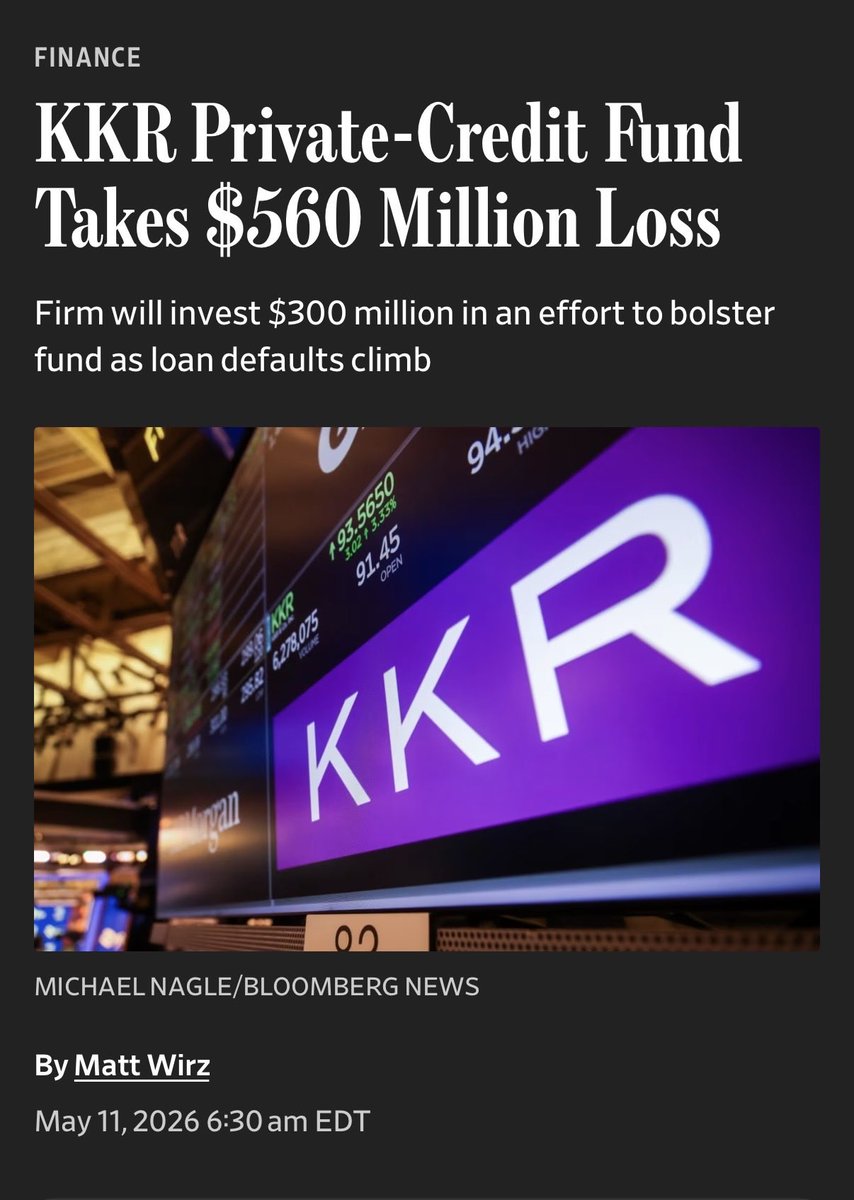 “The write-down—equivalent to about 10% of the fund’s net asset value—is one of the biggest indicators so far of underlying problems in a large private-credit fund. Defaults in the fund jumped to 8.1% in the first quarter from 5.5% in December, KKR said. “