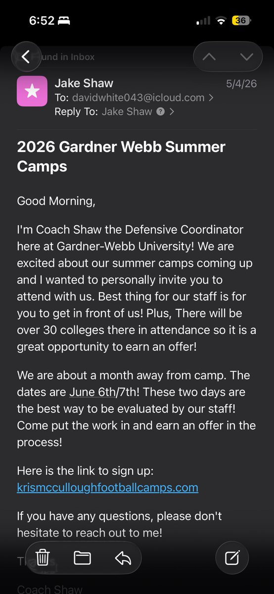 David_White_4's tweet photo. I want to give thanks to @CoachShaw_Jake  for the camp invitation! 🐶🟥 #Football #Recruiting #GardenerWebb https://t.co/sZ76KfJiQm