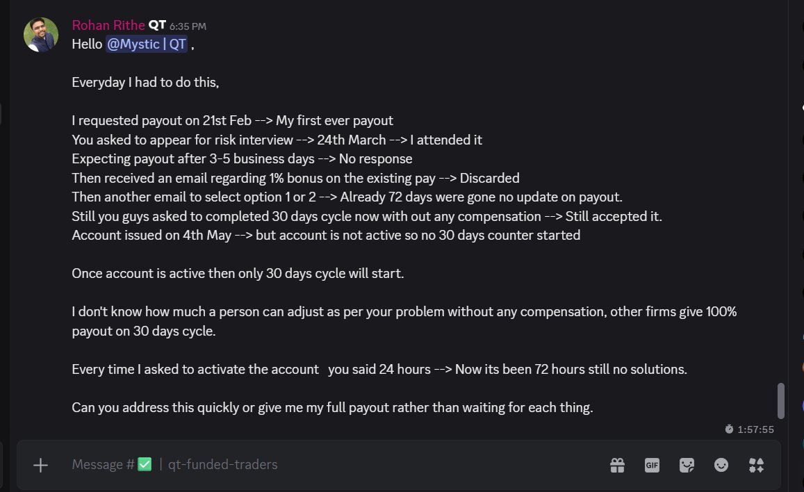 rohan_rithe's tweet photo. @QtFunded @AlexQuantTekel @JamesQuantTekel @PropFirmMatch  @PropFirmMedia @PropFirmJournal 
Warning
I requested FIRST EVER payout on 21st Feb then risk interview on 24th March since them no payout
I am with QT since it was ascendx
Afr 8 years of struggle I managed to reach payout https://t.co/an1FjOmmmQ