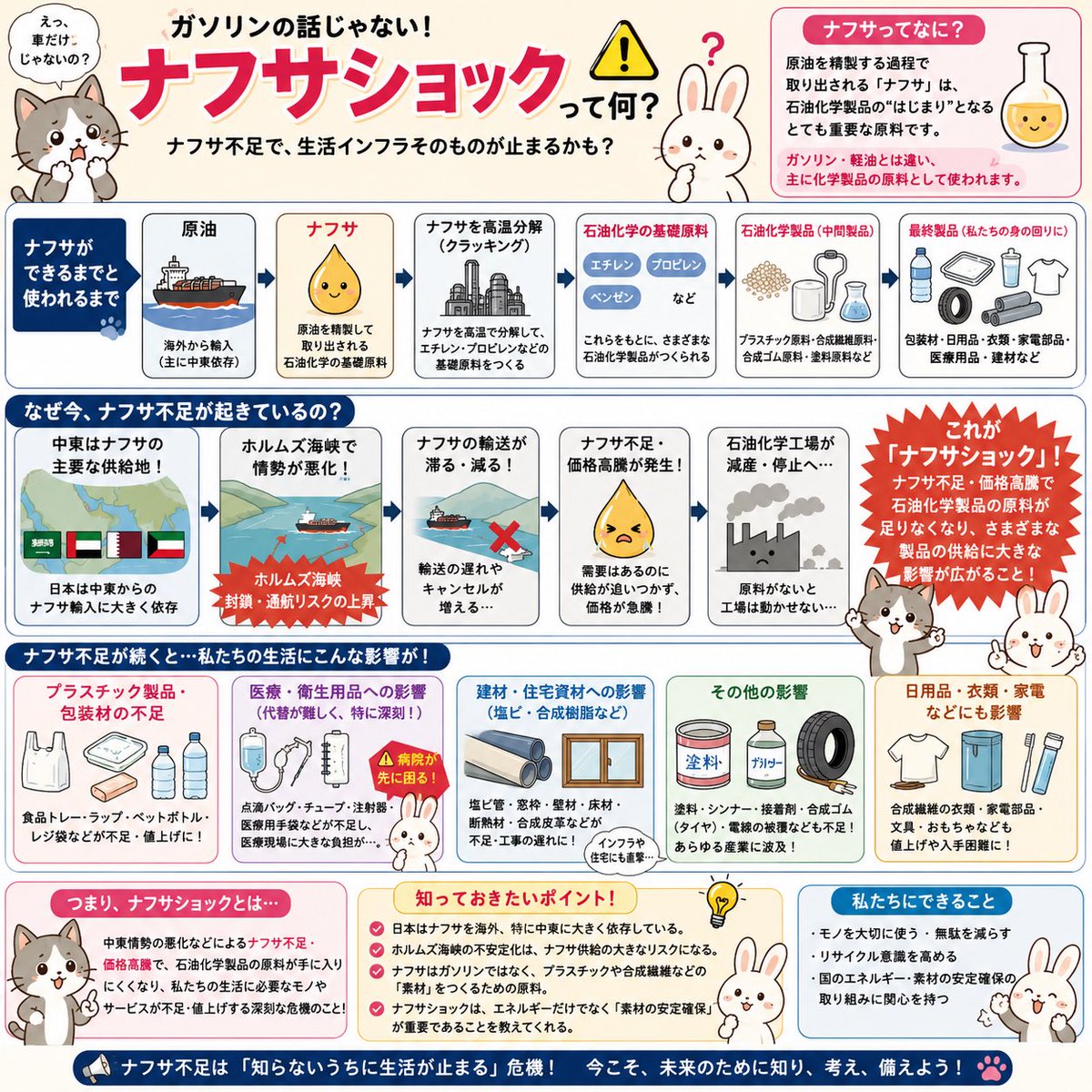 WatterNT's tweet photo. 「ナフサ不足」と聞いても、ピンと来ない人は多い。
でも実は、ナフサはプラスチック・医療用品・建材・包装材など、“生活そのもの”を支える原料。

ホルムズ海峡情勢が悪化すると、ガソリンだけでなく、点滴バッグや塩ビ管まで影響が広がる可能性があります。

“エネルギー危機”ではなく、“素材危機”として知っておきたい話。
#ナフサショック #石油化学 #時事問題 #公共 #猫うさぎ版