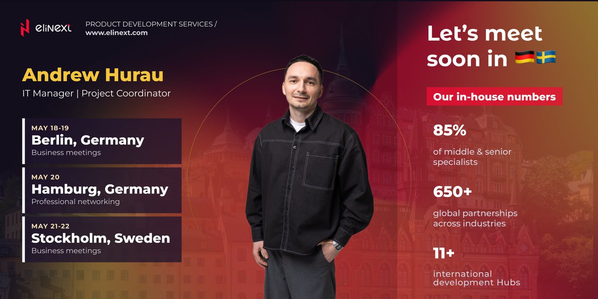 elinext's tweet photo. 🇩🇪🇸🇪 On the road soon: Andrew Hurau.
→ Andrew is our 𝗜𝗧 𝗣𝗿𝗼𝗷𝗲𝗰𝘁 𝗖𝗼𝗼𝗿𝗱𝗶𝗻𝗮𝘁𝗼𝗿, who has worked with more than 50 companies across several global industries and software projects. More about the trip: https://t.co/pwnwxwUua3 https://t.co/hBxvuxe1Vw