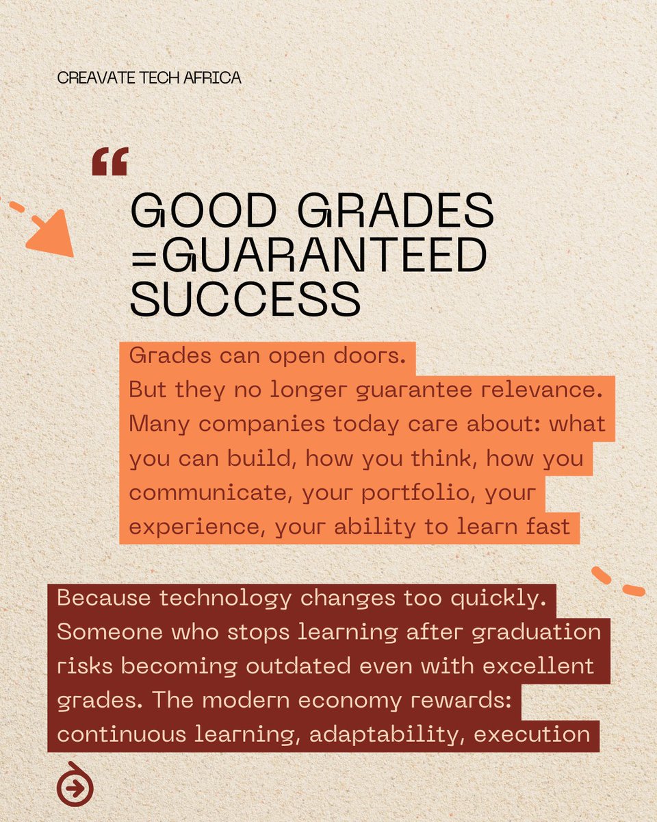 CreavateTech's tweet photo. Today, tech companies don't just pay for certificates but problem-solving, creativity, communication and adaptability. 
The world changed faster than education did. The question is no longer: "Who is the smartest in class?" but "Who can learn, adapt, and solve problems fastest?" https://t.co/7QM6SZOhYy