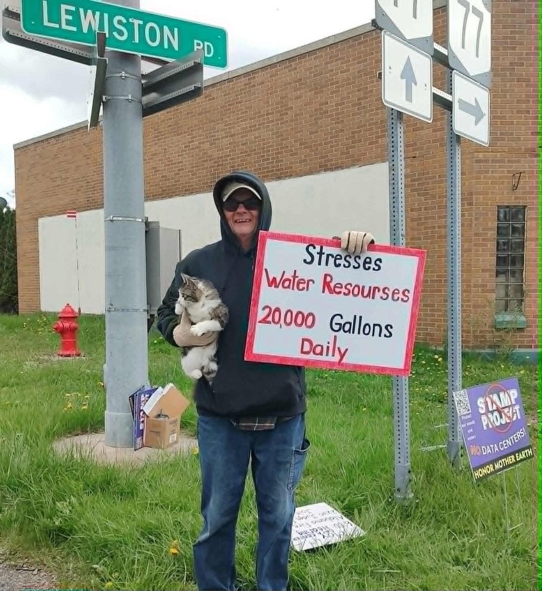 alex_fasulo's tweet photo. Western New Yorkers took to the street this weekend to stand up for their town in the face of a 2.2 million-square-foot data center, proposed by Stream Data Centers from Texas.

Data centers destroy the homes and communities around them. They require multiple server halls, massive cooling systems, electrical substations on-site, backup generation (diesel or gas), and 24/7 operation.

The data centers steal resources from the properties that surround them, which is why they target lower socioeconomic communities and rural villages where they plan to steamroll the town's laws, comments, and legal defenses. 

Here is something sinister that needs to be mentioned. You have probably seen this pattern countrywide.

Alabama, NY is right next to Cider Solar, a 500MW ORES solar detention center. Have you noticed that data centers are popping up immediately next to solar and wind complexes and battery storage? 

This is why I call commercial solar a Trojan horse. Do you really believe they are just going to stop with the solar complexes? It's the Trojan horse for BESS, and eventually, a data center. They test what they can get away with, how organized the local common folk are.

The solar leases people are signing for ORES projects are for 30+ years. They come with clauses buried in the contracts that extend the 30 years to 50 years. Do you REALLY believe that's for solar? For a form of energy that converts at 15% of its annual potential? For panels that will be broken down and unusable in 15-years time?

First came the ORES permit for Cider Solar. And now a data center is planned for the SAME TOWN. These New Yorkers took to the street with their signs to share the FACTS this weekend.

We are losing our state so quickly. Our water is under attack by multinational corporations and foreign renewable companies. 

We need federal government intervention here in New York State yesterday.