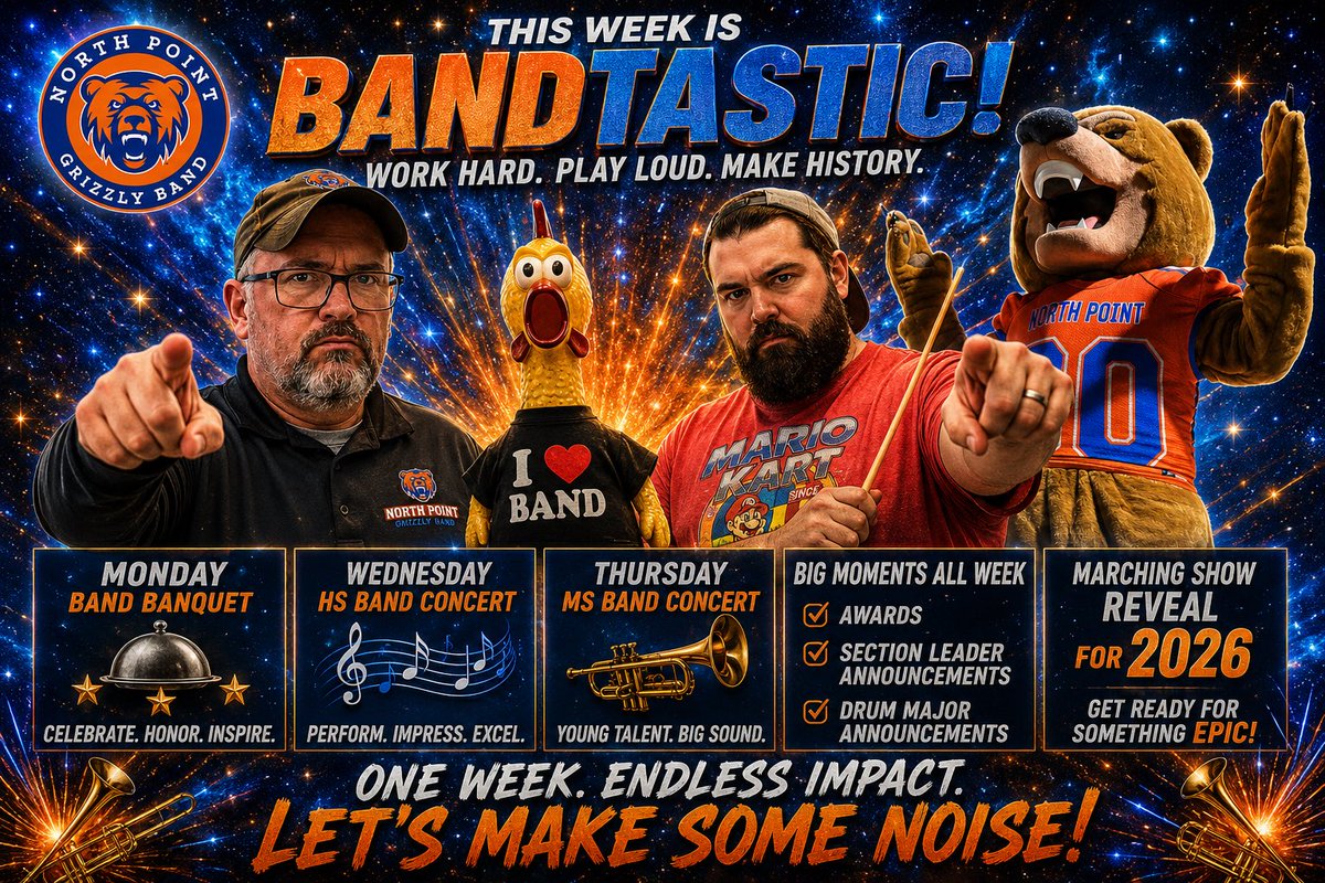 NPHSGrizzlyBand's tweet photo. It’s ALL happening this week! Banquet at the Christy tonight!
MS Choir concert tonight
HS Choir concert tomorrow
HS Band concert Wednesday 
MS Band Concert Thursday
Pomp and Circumstance Friday!! 
AHHHH! #GOGOGRIZZLYBAND https://t.co/BxH3f7gAoL