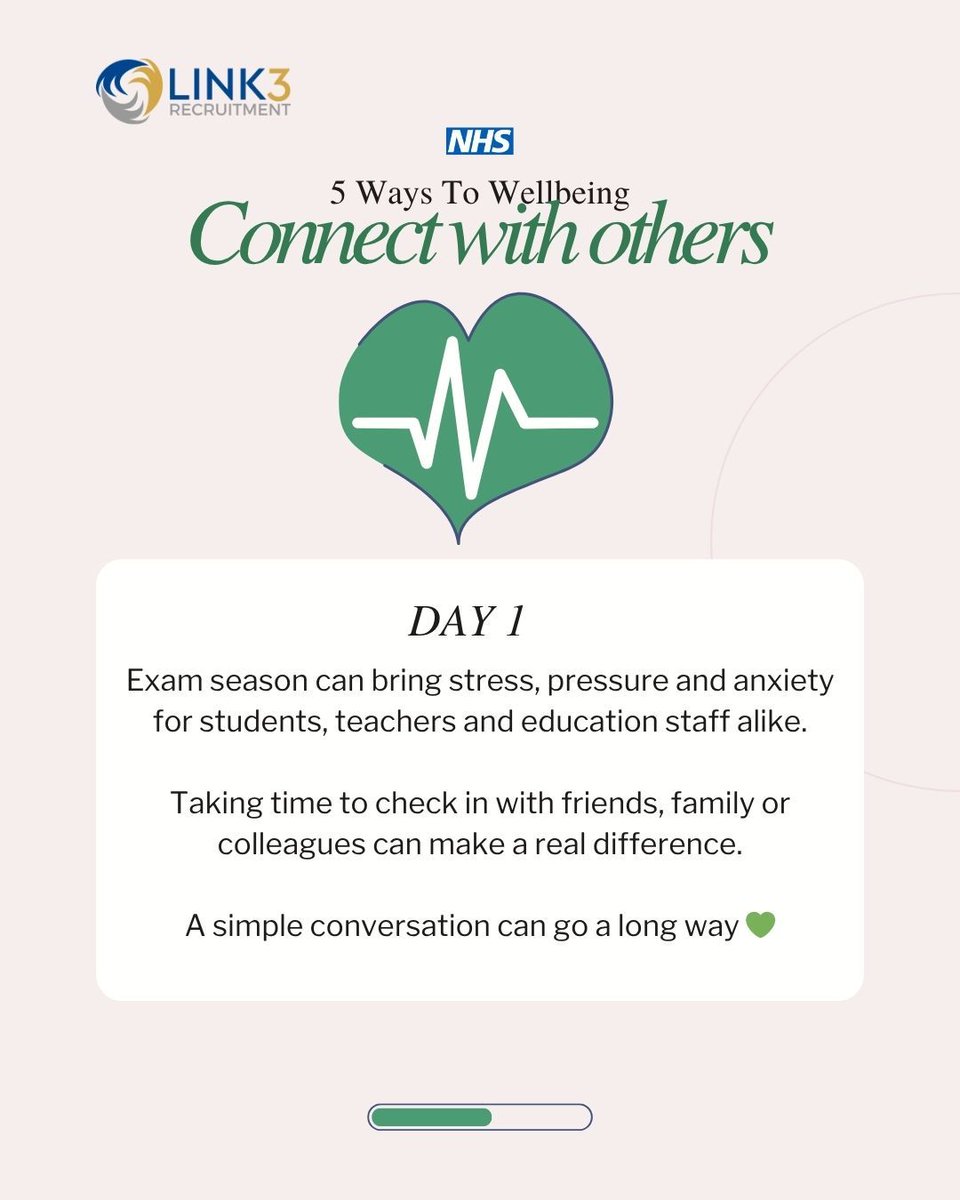 Link3Rec's tweet photo. Mental Health Awareness Week starts with action 💚
Day 1 of the 5 Ways to Wellbeing: Connect with Others 🤝
A small conversation can make a big difference.

#mentalhealthawarenessweek #connectwithothers #wellbeing #education #link3recruitment https://t.co/QCUJ8SAXOx