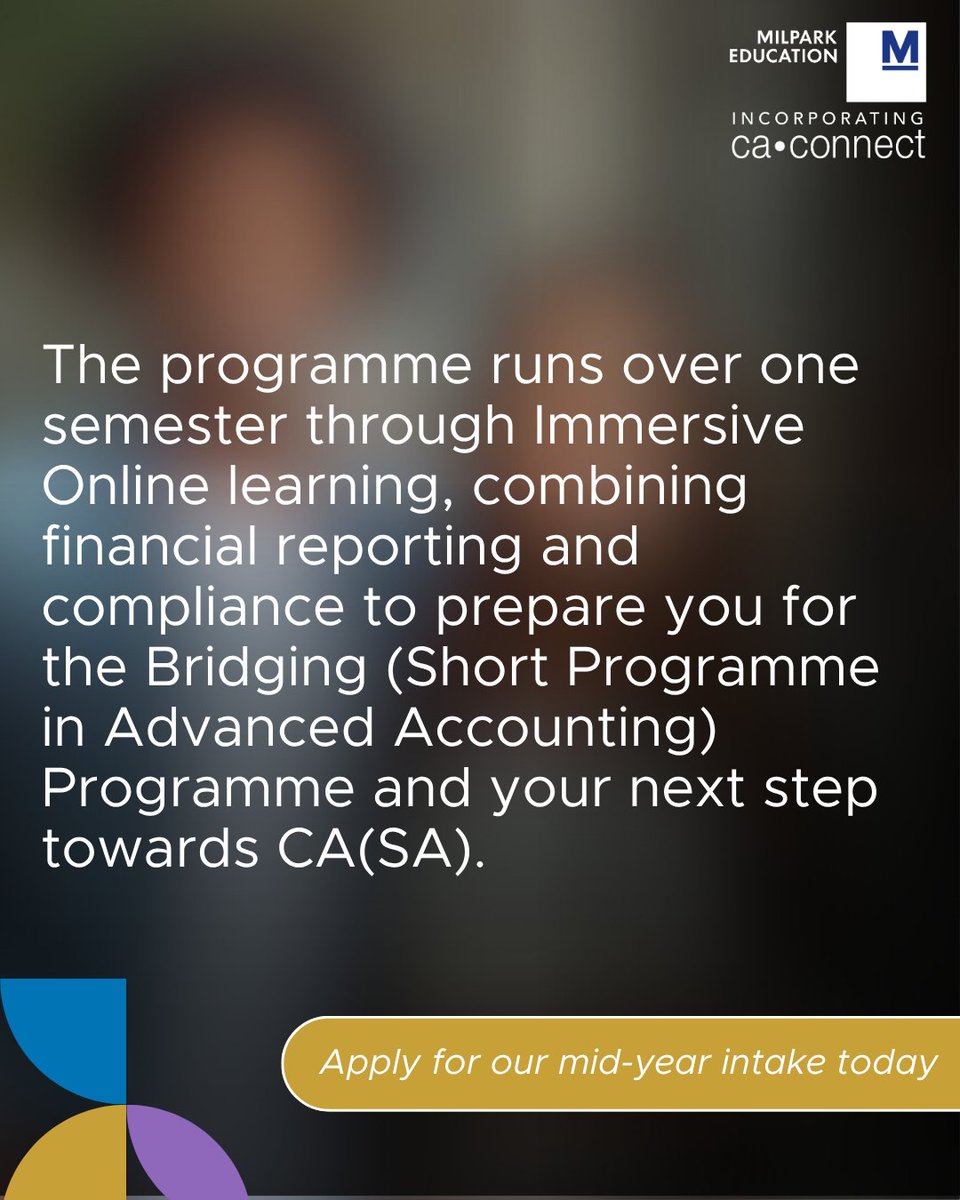 CA_Connect's tweet photo. Aspiring to be a CA(SA) but lack financial accounting background? This programme is here to strengthen your foundation. Take a confident step towards the BCTA Bridging Programme and your CA(SA) goal. Apply now for mid-year intake: https://t.co/0590fXN0RH

#MilparkEducation https://t.co/X6VrTeu4B1