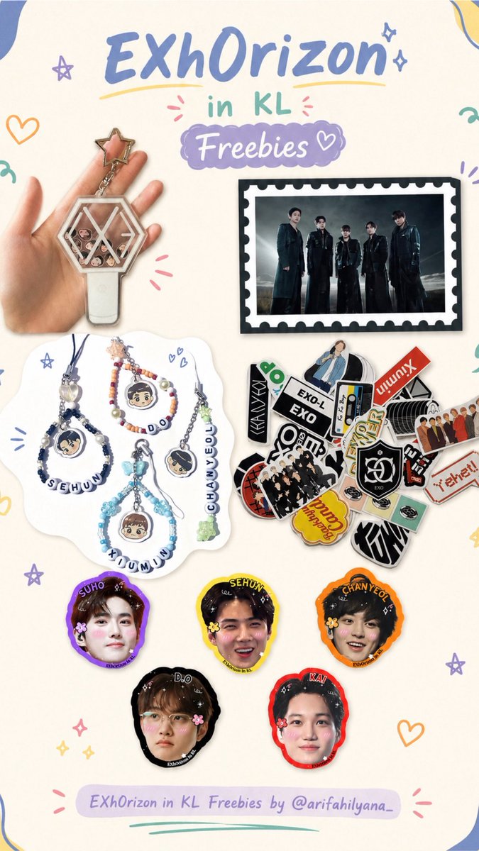 FREEBIES EXO PLANET #6
EXhOrizon in KL by <a href="/arifahilyana_/">yana</a> 

hello Merries! hope these freebies can make your concert day a little happier 🫶🏻 

🎀 stickers + fridge magnets + lighstick keyring +  beads phonestrap
📍 limited quantity
🤍 first come, first served!

#EXhOrizonInKL
