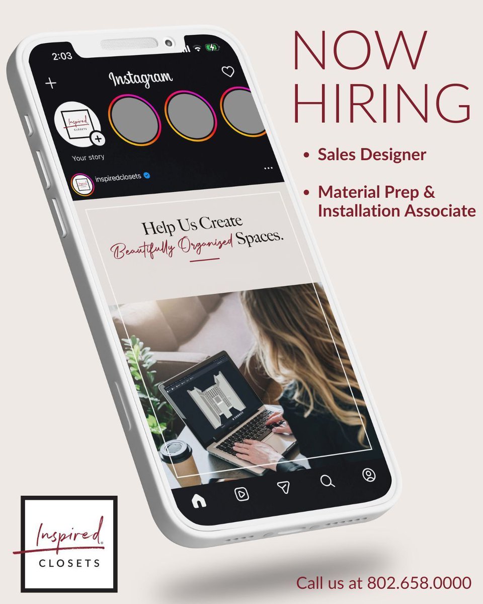 InspiredVermont's tweet photo. We’re hiring! 🏠 Join the Inspired Closets Vermont team as a Sales Designer or Material Prep &amp; Installation Associate.

📍 Visit our Williston showroom or call 802.658.0000 to learn more!

Apply on Indeed today.

#NowHiring #Jobs #Vermont #NewHampshire #HomeDesign https://t.co/AdsZviM5Jt