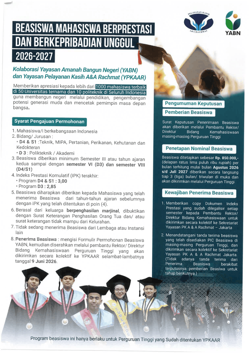 sascbinus's tweet photo. Hi Binusian! Pendaftaran Beasiswa Adaro 2026 sudah dibuka nih! Bagi yang berminat, cek infonya di poster dan download formulir registrasinya untuk diisi di https://t.co/wdzBGhXxPJ selambatnya 1 Juni 2026.

FYI, kuota pendaftarnya hanya untuk 15 mahasiswa lho. Yuk buruan daftar! https://t.co/Qy0nSfRwzQ