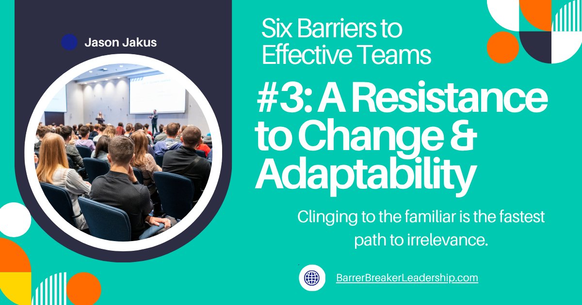 JasonJakus's tweet photo. The 3rd barrier from Six Barriers to Effective Teams is brutal:

Resistance to Change & Adaptability.

Clinging to the familiar feels safe, until it quietly makes you irrelevant.

Great teams do not defend comfort.

They adapt, evolve, and execute before the market forces them to.

#Leadership #TeamPerformance #ChangeManagement #Adaptability #ExecutiveLeadership #BusinessGrowth #SixBarriers #IronAndEmber #ForgedForTheBold