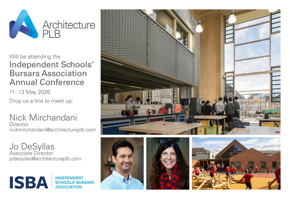 ArchitecturePLB's tweet photo. We're at #ISBA2026 today at ICC Wales!
Sustainability. Complexity. Change, the themes shaping independent schools right now, from financial pressures to AI in school operations.
Our Director Nick Mirchandani and Associate Director Jo DeSyllas are at stand 34
#EducationDesign https://t.co/v1zhe4h4kF