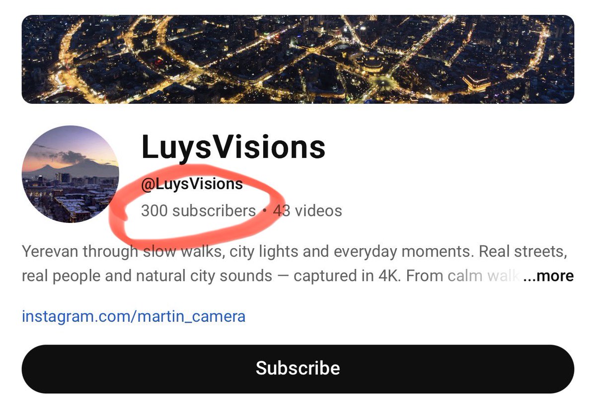 martin_camera's tweet photo. 300 подписчиков на моем YouTube-канале про Ереван! Вообще, я очень рад, что такой спокойный и наблюдательный контент интересен людям. 

https://t.co/SBsclZ14Hd

Подписывайтесь! 
Скоро новые красивые видео. https://t.co/QCb129G5qI