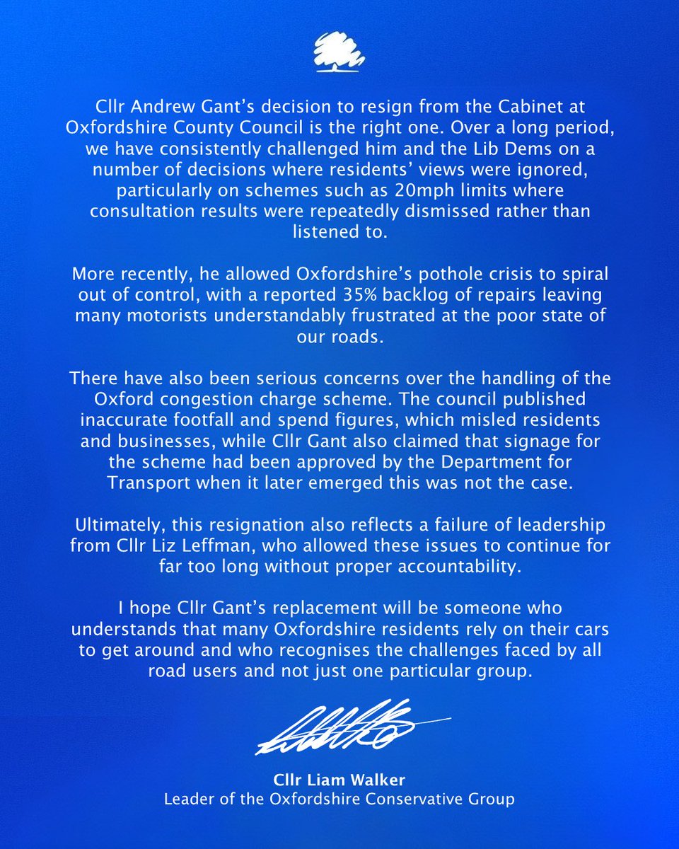 _LiamWalker_'s tweet photo. Statement on Lib Dem cabinet member for highways, Cllr Andrew Gant, who has quit the cabinet at Oxfordshire County Council 👇 https://t.co/aXJSSayHlh
