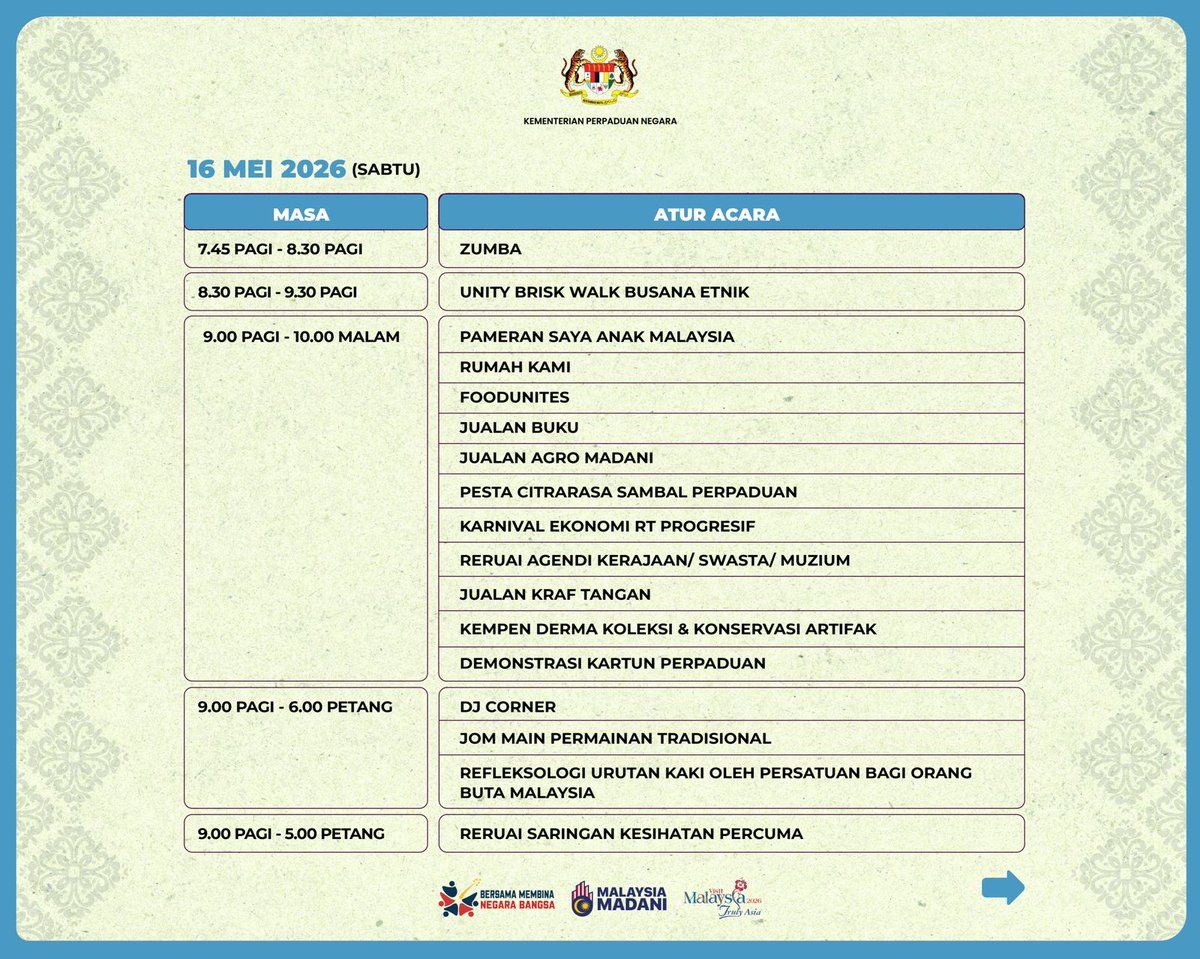 PerpaduanNegara's tweet photo. ATUR CARA AKTIVITI SAMBUTAN MINGGU PERPADUAN 2026 PERINGKAT ZON TENGAH

Sambutan Minggu Perpaduan Peringkat Zon Tengah akan berlangsung pada 15 hingga 17 Mei 2026 bertempat di Muzium Negara. https://t.co/R1vgyLKOxi