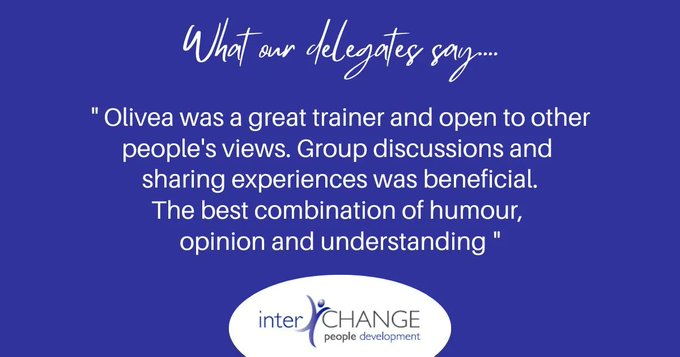interchangepd's tweet photo. It's great to hear the feedback from delegates on our courses. We want you to really benefit from the training. We offer safe spaces for everyone's opinions and thoughts. If you are interested please contact us today.  

#heretohelp #goal #training #leadership https://t.co/sMQcFZNnLi
