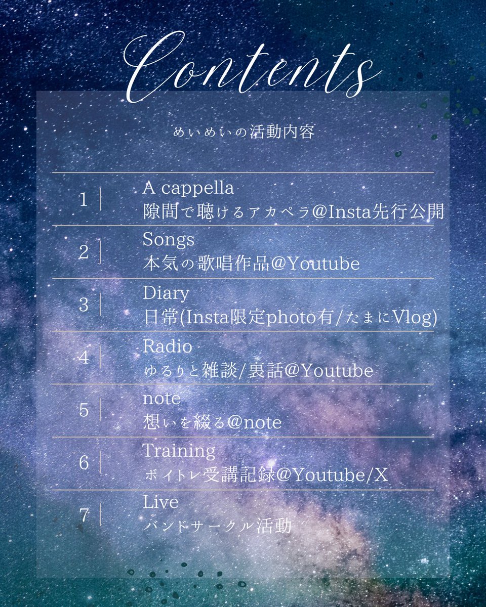 mei2d7's tweet photo. #もっとめいめい

シンガーのめいめいです♈️
日々を過ごしながら感じたことを
心のままに表現していきます🌌💫

あなたの日々の隙間の
ちょっとした楽しみになれたら☾ *.

♈️主な活動
・アカペラShort
→インスタ先行公開
・歌ってみたFull
→Youtubeでの本気歌唱

▼公式HP
https://t.co/nCGg25qiwG https://t.co/pn8eYsPUGG