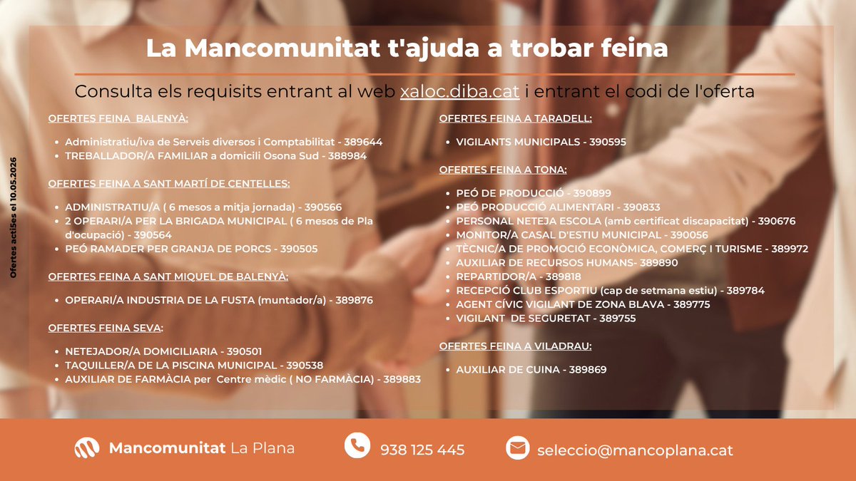 Mancoplana's tweet photo. ✅ El Servei Local d’Ocupació de la #Mancomunitat t'acompanya per trobar feina  

🔎 Consulta els requisits entrant el 𝗰𝗼𝗱𝗶 𝗱𝗲 𝗹’𝗼𝗳𝗲𝗿𝘁𝗮 corresponent a  Xaloc

👉https://t.co/nu4vu4wQ1G

🤝 #CuidemLesPersones https://t.co/VvafAHJZcL