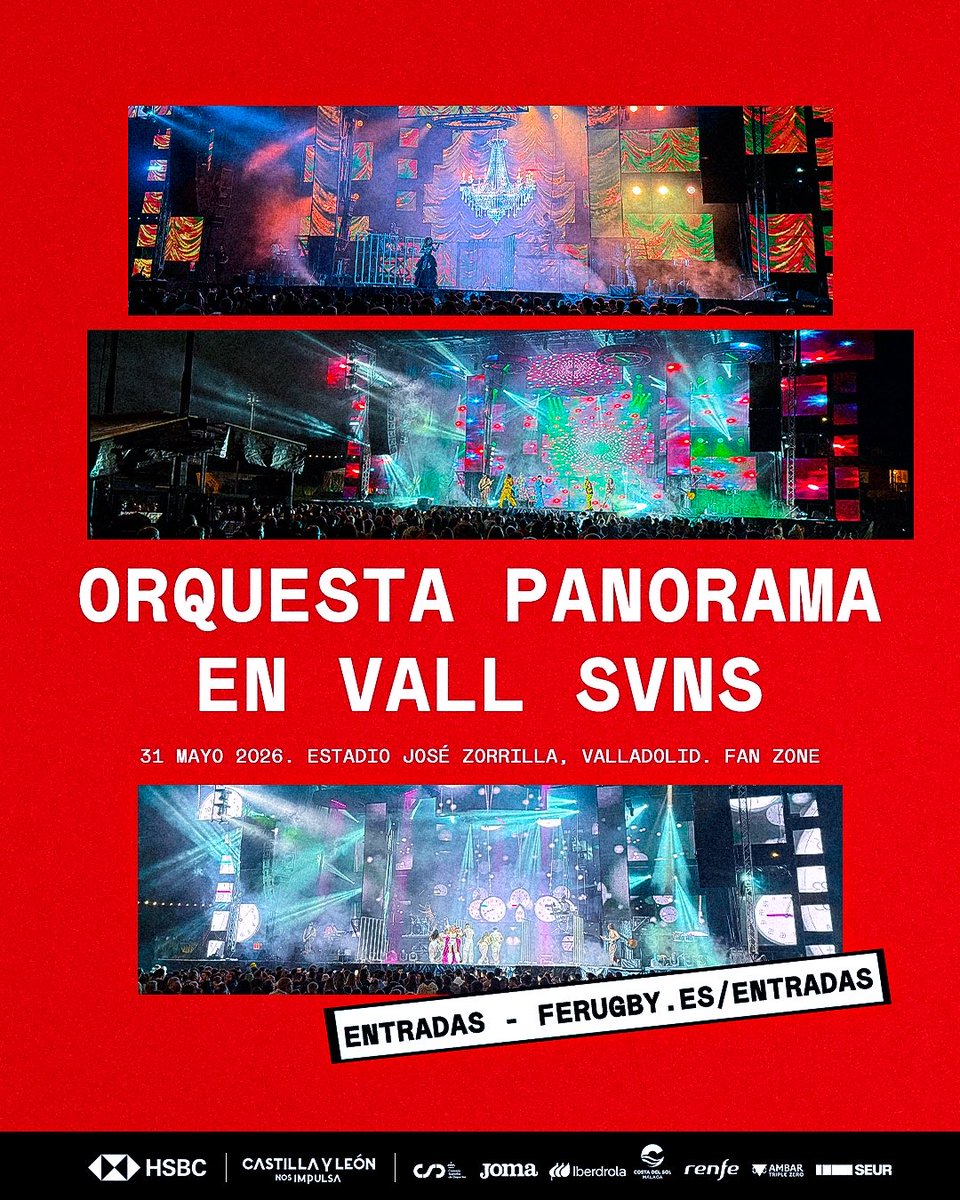 ferugby's tweet photo. 🎺🔥 El domingo la fiesta continúa en la Fan Zone con Orquesta Panorama City🎉

Un espectáculo gran espectáculo para cerrar un fin de semana único🙌

📅 Domingo 31 de mayo
📍 Fan Zone Valladolid SVNS (Sólo acceso con entrada)

🎟️ https://t.co/iGR29GgZar

#LoQueNosUne https://t.co/GJd352sJGw