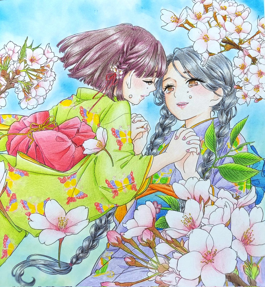 santa_cookie_'s tweet photo. 友風子さん(@yufushi)さんの『#花笑み』より「別れの季節(葉桜)」🌸👘
塗り友さんたちと同じ線画を塗りました🎨着物の柄って難しいですね。もう一捻り欲しかったなぁ…
背景は水彩パステルで。水は使わなかったけど、普通のパステルより風合い良いかも！
#大人の塗り絵 #塗り絵 #油性色鉛筆 #パステル https://t.co/q9IlWe6C1G