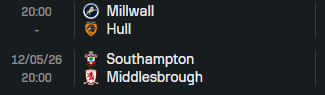 StatManBettor's tweet photo. 🏆 #CHAMPIONSHIP PLAYOFFS 2ND LEG TEAM STATLIST !

♥️ LIKE IF YOU'D LIKE TO SEE MORE & BOOKMARK TO USE WHEN YOU BUILD YOUR BETS!

⚽️ TOTAL SHOTS - Last 5(Average) / H2H
Millwall - 15, 21, 22, 14, 11 (16.6) / 15, 9, 11
Hull City - 6, 8, 14, 13, 14 (11.0) / 6, 23, 10
Southampton - 6, 18, 18, 10, 16 (13.6) / 6, 16, 14
Middlesbrough - 21, 11, 20, 18, 15 (17.0) / 21, 22, 7

🎯 TOTAL SHOTS ON TARGET - Last 5 (Average)
Millwall - 2, 8, 4, 6, 4 (4.8) / 2, 4, 6
Hull City - 1, 6, 4, 4, 3 (3.6) / 1, 5, 6
Southampton - 0, 5, 4, 5, 6 (4.0) / 0, 5, 2
Middlesbrough - 5, 5, 9, 4, 9 (6.4) / 5, 5, 1

🟨 YELLOW CARDS - Last 5 (Average)
Millwall - 1, 1, 3, 3, 1 (1.8) / 1, 4, 0
Hull City - 0, 2, 1, 2, 4 (1.8) / 0, 2, 3
Southampton - 2, 1, 0, 4, 2 (1.8) / 2, 3, 1
Middlesbrough - 0, 0, 1, 2, 4 (1.4) / 0, 0, 6

🚩 TOTAL CORNERS - Last 5 (Average)
Millwall - 5, 14, 12, 1, 6 (7.6) / 5, 2, 5
Hull City - 0, 1, 11, 8, 2 (4.4) / 0, 5, 1
Southampton - 1, 5, 5, 7, 12 (6.0) / 1, 5, 6
Middlesbrough - 11, 3, 6, 9, 3 (6.4) / 11, 11, 3

⚽️ GOALS SCORED - Last 5 (Average)
Millwall - 0, 2, 1, 3, 2 (1.6) / 0, 3, 1
Hull City - 0, 2, 1, 2, 1 (1.2) / 0, 1, 3
Southampton - 0, 3, 2, 2, 2 (1.8) / 0, 0, 1
Middlesbrough - 0, 2, 5, 1, 2 (2.0) / 0, 4, 1

🥅 GOALS CONCEDED - Last 5 (Average)
Millwall - 0, 0, 1, 1, 0 (0.4) / 0, 1, 3
Hull City - 0, 1, 2, 2, 1 (1.2) / 0, 3, 1
Southampton - 0, 1, 2, 2, 1 (1.2) / 0, 4, 1
Middlesbrough - 0, 2, 1, 0, 2 (1.0) / 0, 0, 1