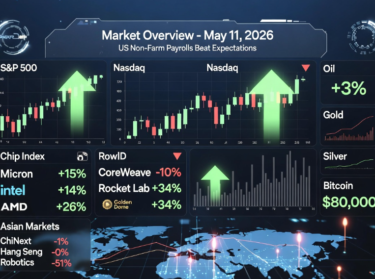 Victorlee359's tweet photo. Market Overview

1. US non-farm payrolls growth far exceeded expectations, with chip stocks leading a rebound in US stocks. The S&P 500 and $Nasdaq rose for the sixth consecutive week, marking their longest winning streak in a year and a half. The chip index closed up 5.5%, and along with the S&P 500 and Nasdaq, it closed at a record high for the third consecutive day this week. $Micron rose over 15%, $Intel, which reportedly reached a preliminary agreement to manufacture chips for $Apple devices, rose 14%, and $AMD's earnings report showed a cumulative weekly gain of 26%. $CoreWeave, with weaker guidance, fell over 10%, while $RocketLab, with strong performance and having secured the "Golden Dome" contract, surged 34%.

2. Following the US non-farm payrolls report, the two-year US Treasury yield briefly surged to a daily high before declining. After the initial clashes between the US and Iran in early Asian trading, the US dollar index hit a daily high before turning lower. The offshore yuan broke through 6.80 for the second consecutive day, reaching a new four-year high. $Bitcoin recovered the $80,000 mark during the session, rebounding more than 1% from its daily low. $US-Iran tensions eased, and crude oil reversed a three-day losing streak, though the upward momentum slowed during the session, resulting in a weekly decline of over 6%. $Gold and silver rose for the third consecutive day. New York copper rebounded nearly 2%, closing at a record high.

3. During Asian trading hours, the $ChiNextindex fell nearly 1%, with chip and semiconductor stocks undergoing a collective correction. Robotics stocks bucked the trend and surged. The $HangSeng Index fell nearly 1%, with most tech stocks declining, while $Kuaishou rose over 9%.

4. In early $Asian trading on Monday, US stock index futures fell, with S&P and Dow futures down over 0.2%; US crude oil and Brent crude rose nearly 3%; New York gold futures fell over 0.5%, and spot silver fell over 1%.