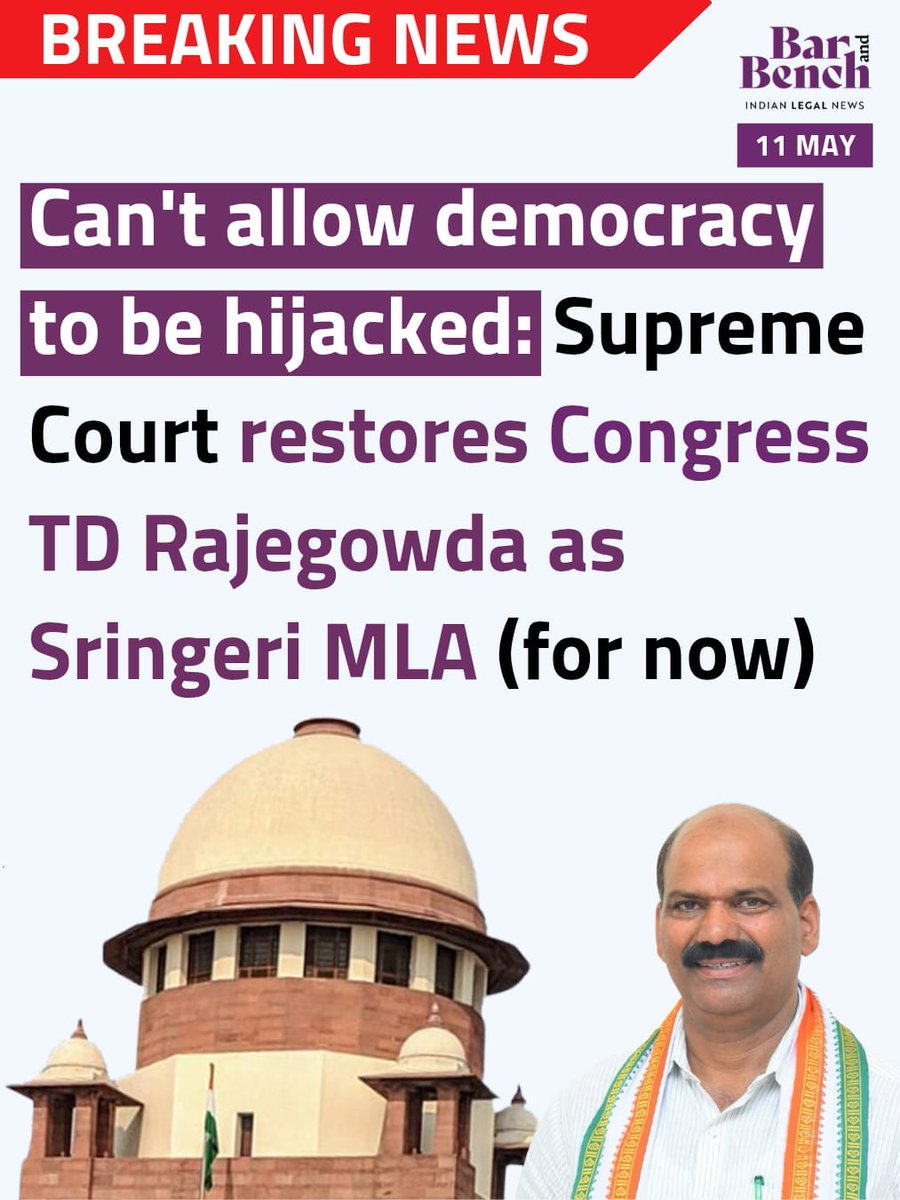 barandbench's tweet photo. Can't allow democracy to be hijacked: Supreme Court restores Congress TD Rajegowda as Sringeri MLA (for now)

Read here: https://t.co/PWk9nZGR1Z https://t.co/Qiw3ASOoTm