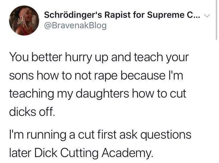 Provokethoughtz's tweet photo. The only answer to websites such as "Rape Academy" is to start running a "Cut first ask questions later Dick Cutting Academy ". https://t.co/O7BpNsZlo5