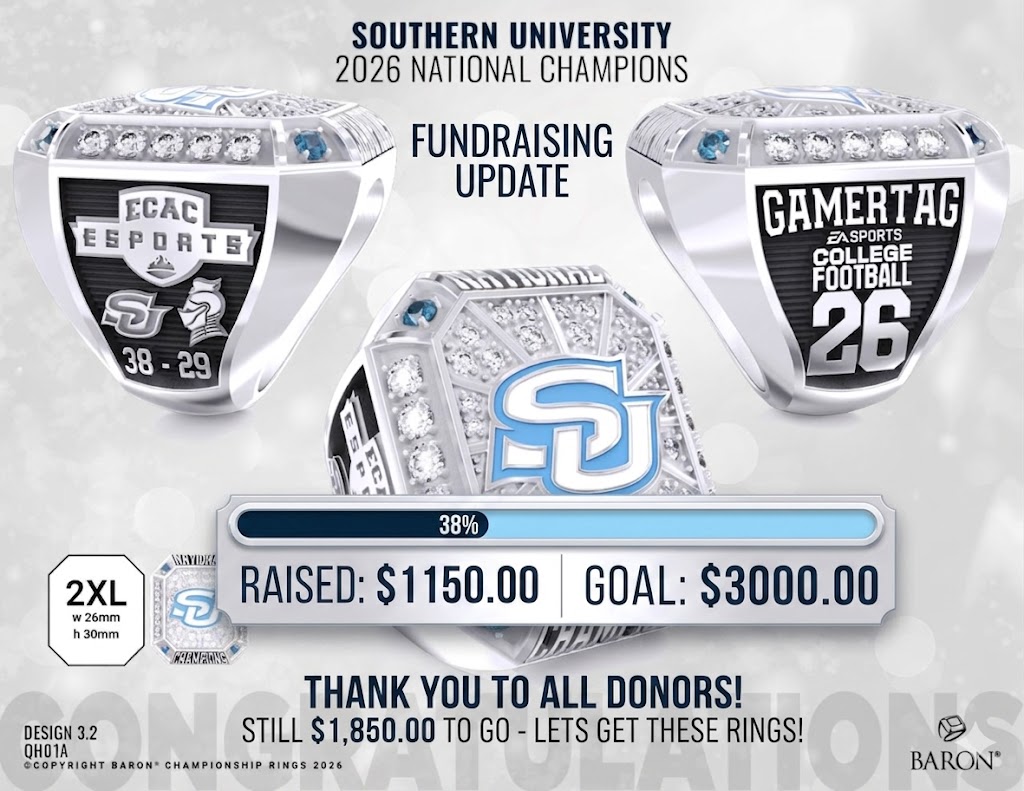 GeauxPlayES's tweet photo. 🏆 UPDATE: The road to the rings is 38% complete! 🐾

We’ve raised $1,150 of our $3,000 goal to honor Southern University’s National Championship Esports team. Huge thanks to everyone supporting the first HBCU to take the ECAC CFB title! 🛡️💙

Let’s close the gap! ⬇️ https://t.co/vva4iNhdGt

#SouthernUniversity #HBCUesports #GeauxJags #NationalChampions #CFB25 #ECAC