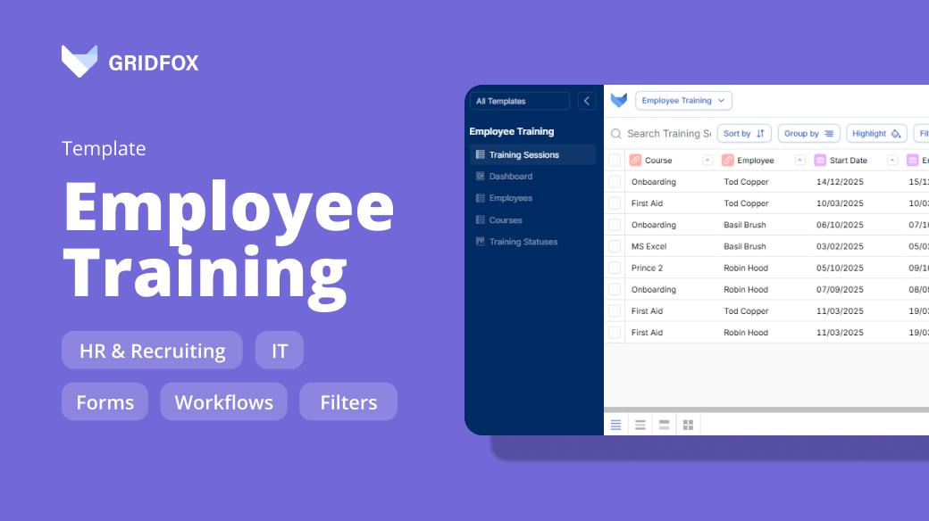 gridfoxapp's tweet photo. With Gridfox's Employee Training template, you can create programmes, assign them to staff, monitor progress, and automate the process - whether you're onboarding a new hire or developing your existing team.

Download for free ➡️https://t.co/bqrzvbnApl https://t.co/6HMi38rZG8