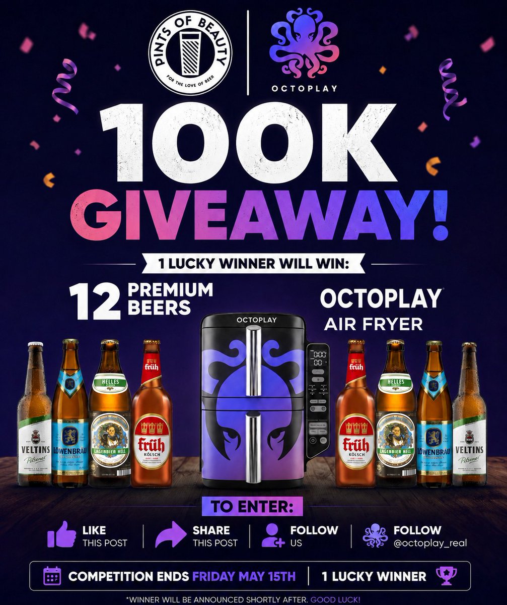 To celebrate hitting 100,000 followers on Instagram, we’re giving ONE lucky winner the chance to win 12 premium beers and an exclusive Octoplay Air Fryer. 

To enter: 
❤️ Like and share 🔄 this post
Follow us and <a href="/octoplay_real/">Octoplay</a>

Competition ends Friday May 15th

Good luck 🍻