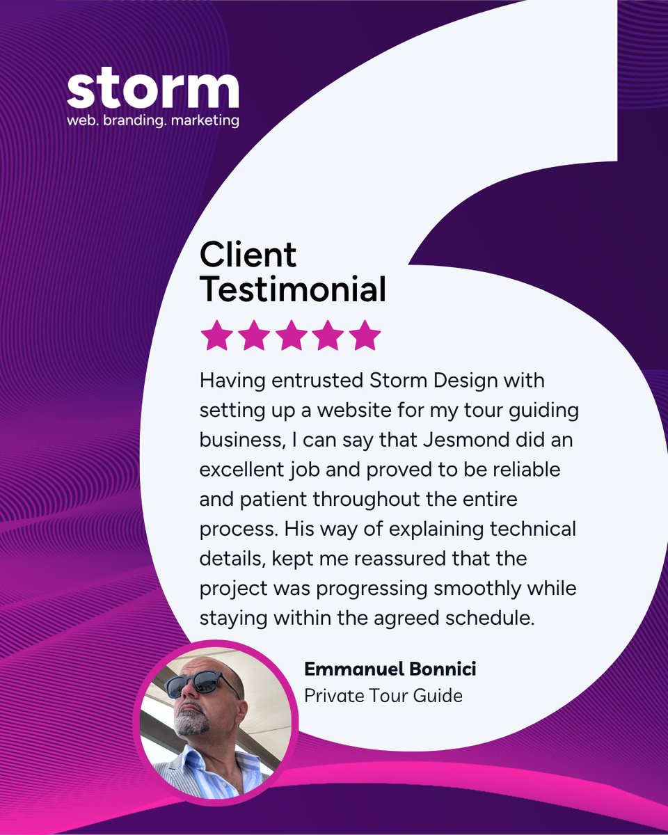 stormwebmalta's tweet photo. Nothing makes us happier than seeing our clients succeed! 🚀
We loved working with Emmanuel Bonnici to bring his tour guiding business online at https://t.co/opvtEOpNMs

Thank you for the kind words, Emmanuel!

Talk to us today - https://t.co/PKn1EwIPUl

#StormDesign #Malta https://t.co/qOU0TEocH9