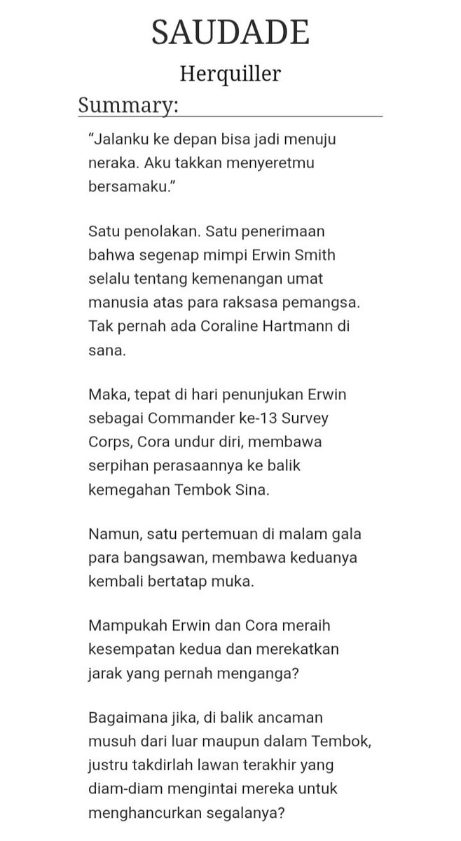 her_quiller's tweet photo. My ongoing Attack on Titan Fanfiction work, SAUDADE, published on AO3.
Available bilingual (English and Bahasa Indonesia)

https://t.co/BdeZ8H5ILE https://t.co/x5vT4CngPf