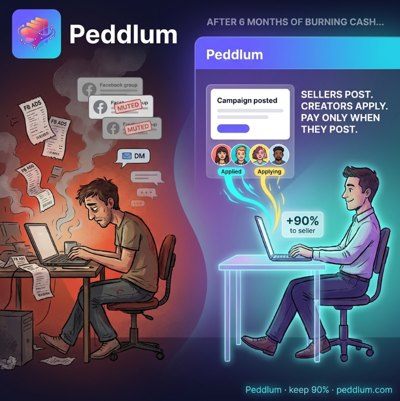 MinjunLee50's tweet photo. Spent 6 months trying to get eyes on my digital products. Ads burned cash. Group posts got muted. Influencer DMs went unanswered.
Then I found Peddlum — sellers post a campaign, creators apply to promote it. Pay per post. Keep 90%. https://t.co/WNRkOqvPO4