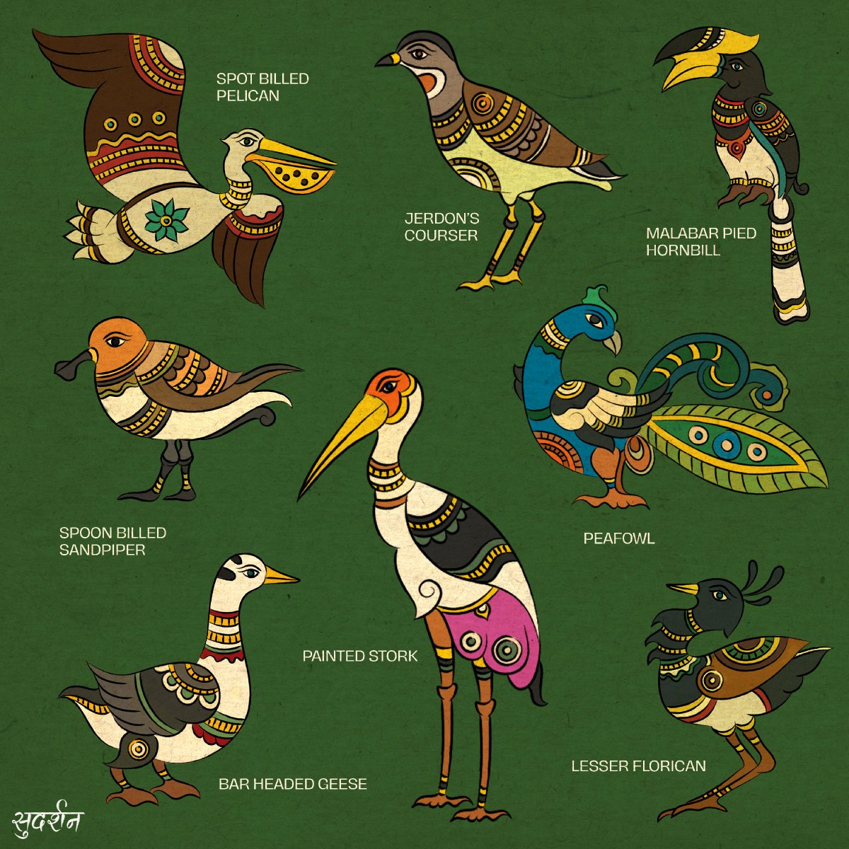 Sudarshanshaw93's tweet photo. Some more avi-fauna species from the "Biodiversity Map of Andhra Pradesh" inspired from the techniques and forms of Srikalahashti style of Kalamkari- a popular, beloved and age-old traditional art of Andhra Pradesh.🍀

#folkindica #andhrapradesh #birds #studiokyaari https://t.co/XGt0cbKnig