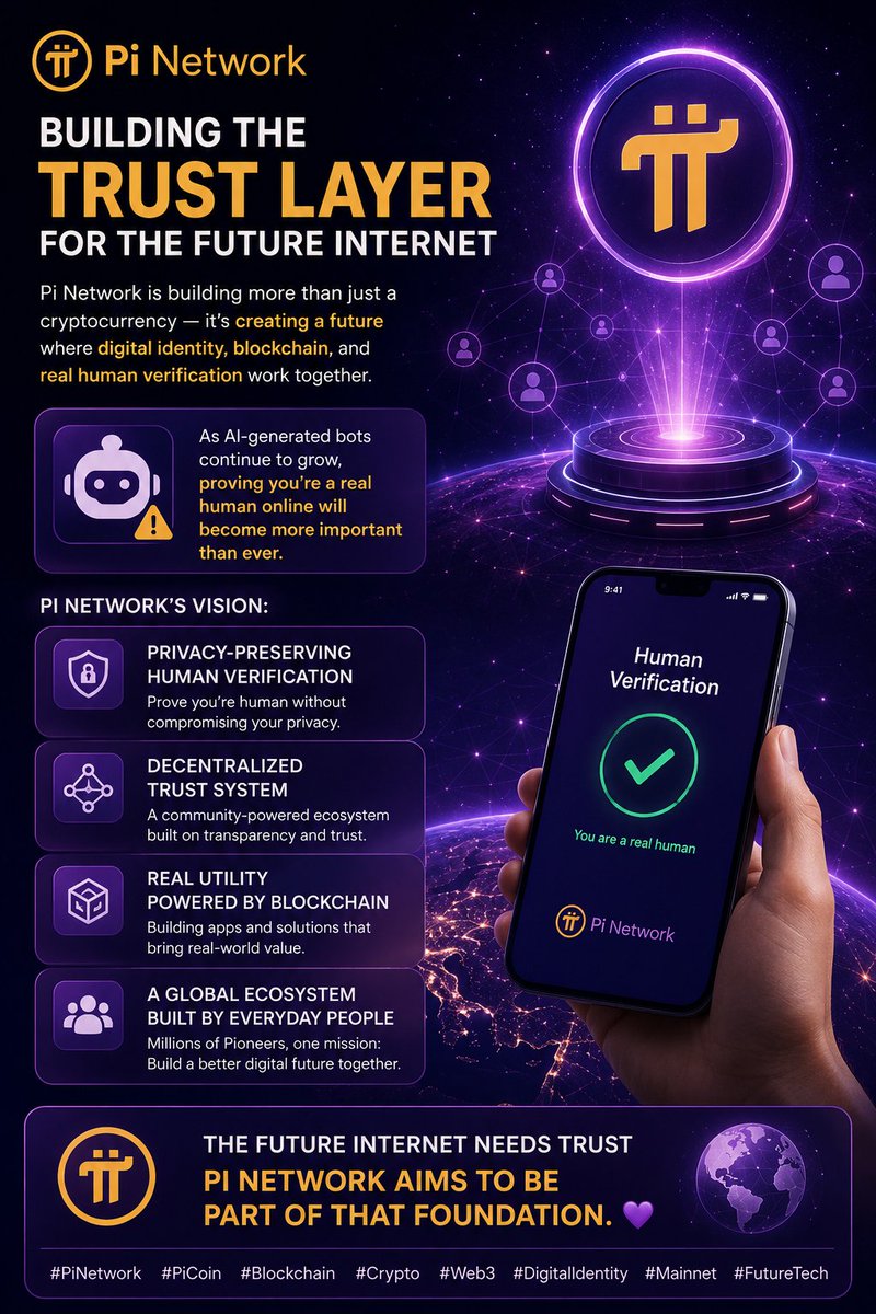 pi_communityy's tweet photo. 🚀 Pi Network is building more than just a cryptocurrency — it’s creating a future where digital identity, blockchain, and real human verification work together. 🌐🔐

As AI-generated bots continue to grow, proving you’re a real human online will become more important than ever. 🤖⚠️

✨ Pi Network’s vision:
✅ Privacy-preserving human verification
✅ Decentralized trust system
✅ Real utility powered by blockchain
✅ A global ecosystem built by everyday people

The future internet needs trust — and Pi Network aims to be part of that foundation. 💜

#PiNetwork #PiCoin #Blockchain #Crypto #Web3 #DigitalIdentity #Mainnet #FutureTech