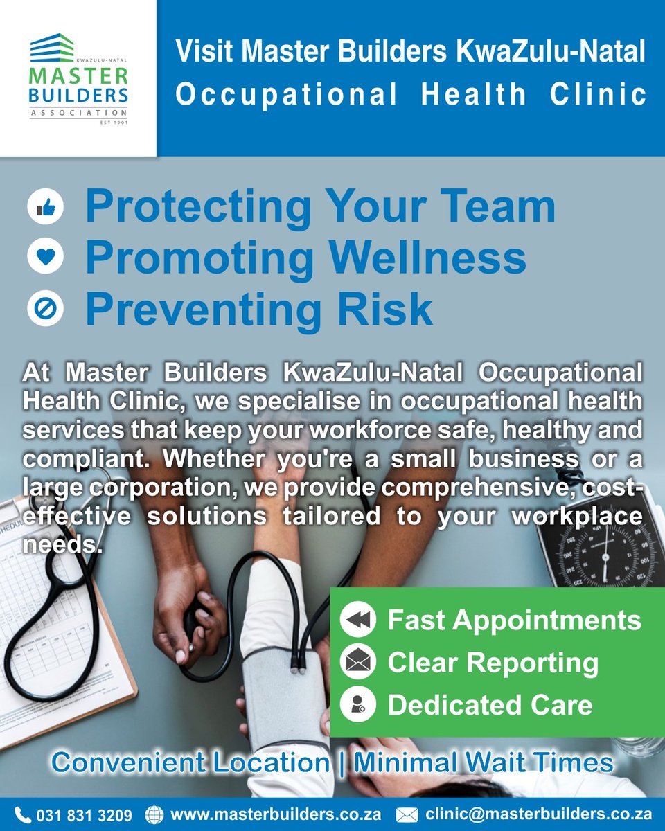 MasterBuilders2's tweet photo. Master Builders KZN offers flexible, low-cost OHS medicals for all SA sectors, including construction and mining, tailored for any size.
#OHS #Medicals #Clinic #Medicalsurveillance https://t.co/h1mVlQuOre