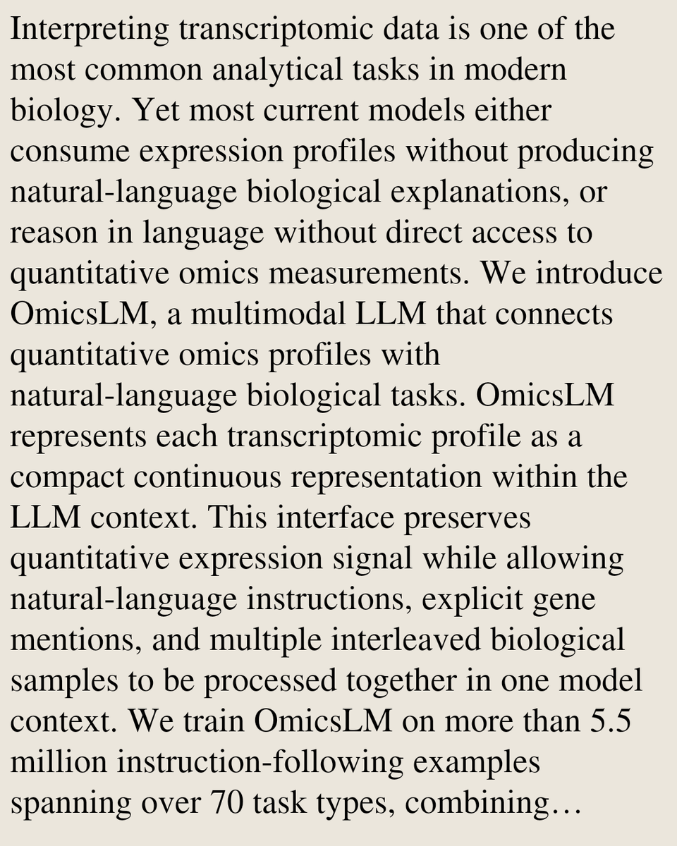 KNM's tweet photo. OmicsLM: A Multimodal Large Language Model for Multi-Sample Omics Reasoning

Maciej Sypetkowski, Joanna Krawczyk, Łukasz Smoliński, Remigiusz Kinas, Przemysław Pietrzak, Tomasz Jetka, Rafał Powalski
https://t.co/uhfwS9ZBvF [𝚚-𝚋𝚒𝚘.𝙶𝙽 𝚌𝚜.𝙰𝙸 𝚚-𝚋𝚒𝚘.𝙲𝙱] https://t.co/nXjuWvS9sV