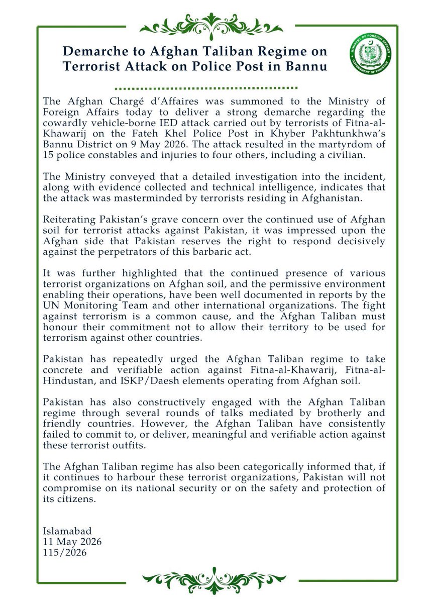 ⭕️ Pakistan Delivers Strong Demarche to Afghan Taliban Regime Over Bannu Pol...