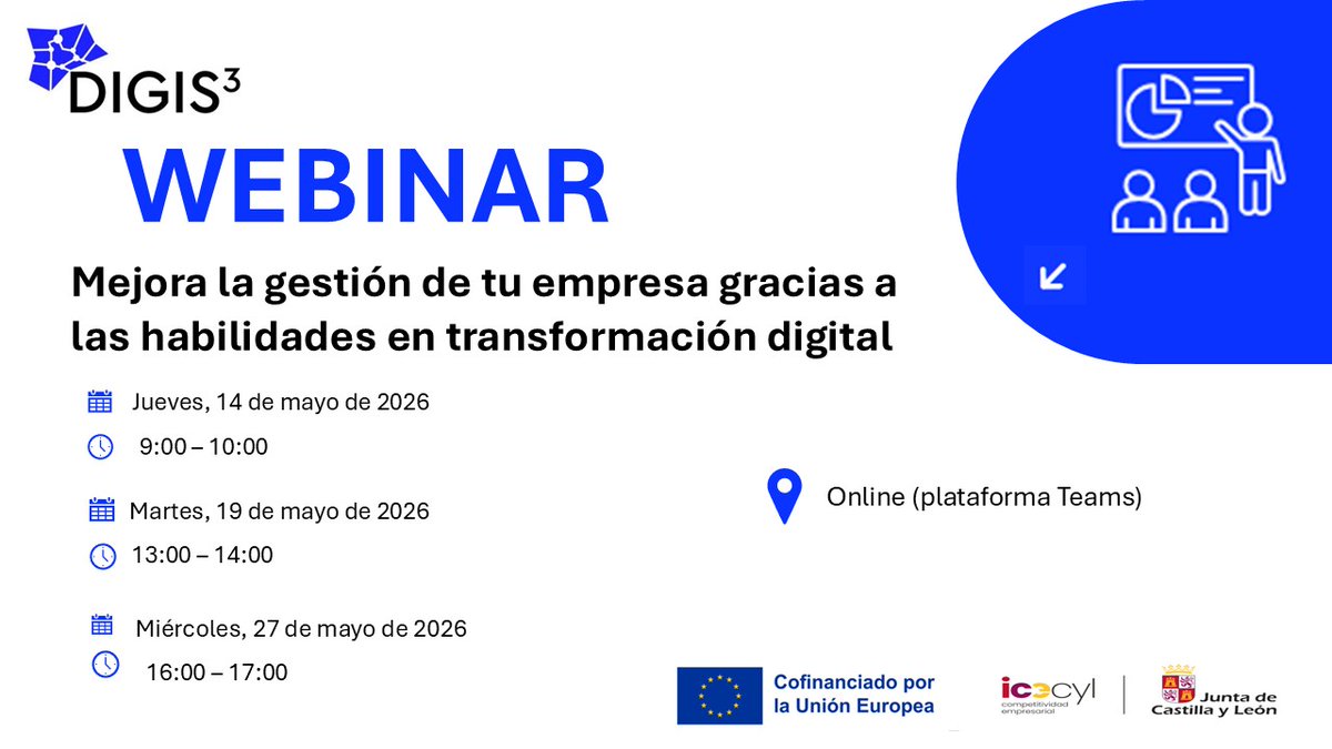DIGIS_3's tweet photo. ▶️ Desde DIGIS3 te ofrecemos tres nuevos webinar para mejorar la gestión de tu empresa con transformación digital.

Aprende a aumentar tu visibilidad en internet, atraer nuevos clientes y protegerte con nociones clave de ciberseguridad.

📝 ¡Regístrate!: https://t.co/GDnikdkdjS https://t.co/7seDlYvOWP