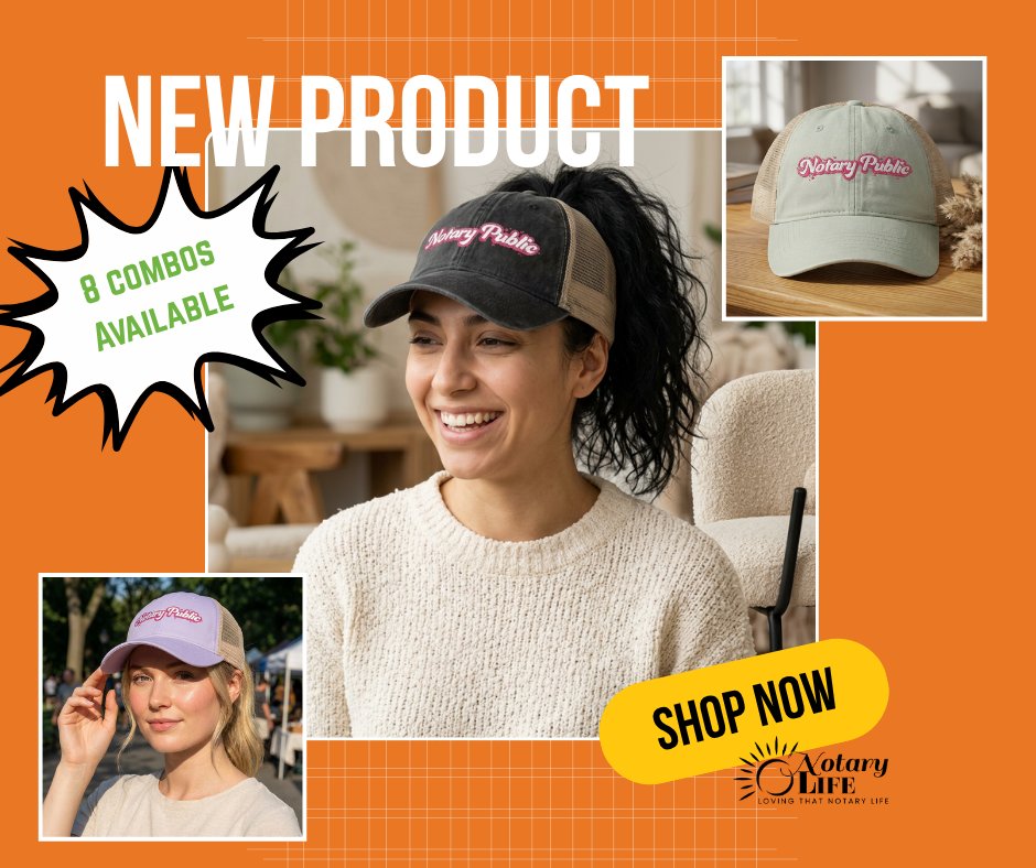 ThatNotaryLife's tweet photo. Top off your notary style with this cute and comfy Notary Public women’s mesh back cap! This hat is perfect for notaries who want a casual, stylish accessory that looks great while keeping things practical on busy days. https://t.co/5NjCDL6CwU

#notarylife #notary #notarypublic https://t.co/iiEFYVDYnm