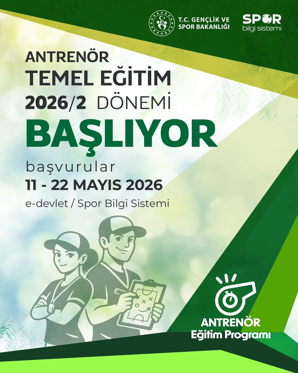 gencliksporbak's tweet photo. 📣2026 yılının İkinci Antrenör Temel Eğitim Programı başvuruları bugün başlıyor!

Anadolu Üniversitesi Sürekli Eğitim Uygulama ve Araştırma Merkezi tarafından uzaktan eğitim modeli ile yürütülen eğitim programı başvuruları, 11-22 Mayıs 2026 tarihleri arasında e-Devlet Kapısı | GSB-Spor Bilgi Sistemi üzerinden gerçekleştirilecek.

🗓️Başvurusu onaylanan adayların, 8-26 Haziran 2026 tarihleri arasında Anadolu Üniversitesi Aday İşlemleri Sistemi’ne (https://t.co/hd1NodQgsi) giriş yaparak sınav kaydı oluşturmaları gerekiyor.

2026/2 dönemi Antrenör Temel Eğitim Programı’na ilişkin detaylara aşağıdaki link üzerinden ulaşmak mümkün.👇🏻

https://t.co/2HpRjF2GWk