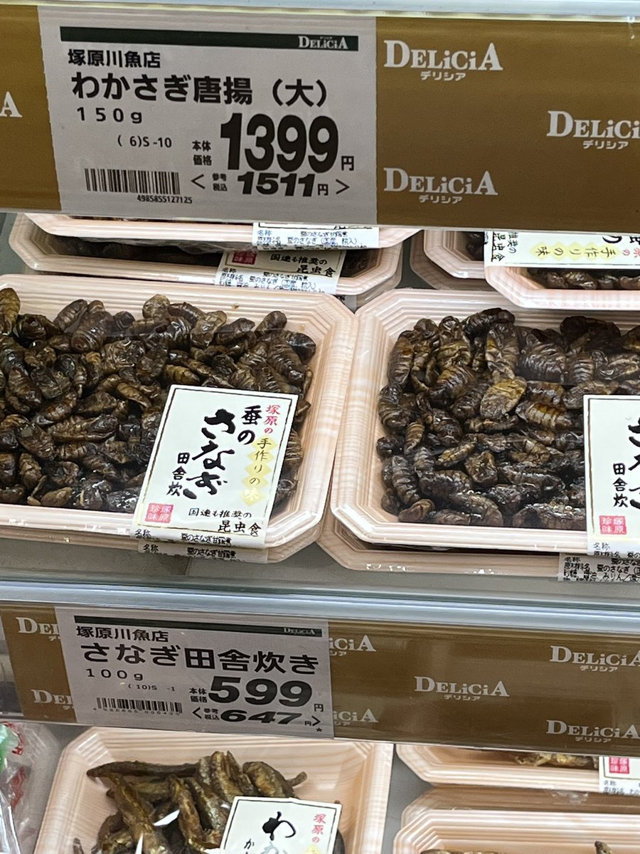 gr16th's tweet photo. 旅行先にて
蚕のサナギやイナゴ🦗の佃煮を売ってる。
普段なら地元民が食べてるものを買って帰るけど、さすがに手が伸びず。
きっと美味しいんだろうな。 https://t.co/rLQkmbhayk