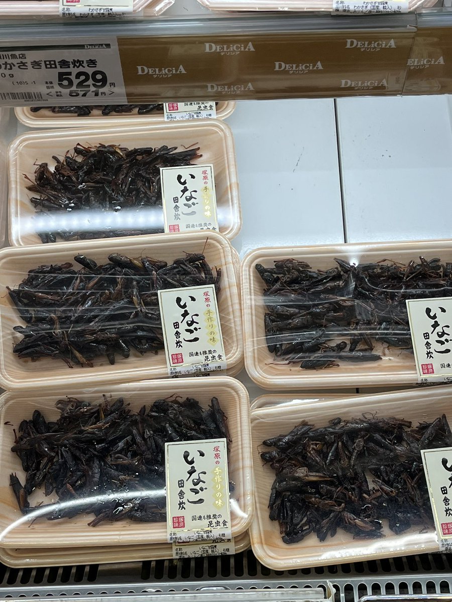 gr16th's tweet photo. 旅行先にて
蚕のサナギやイナゴ🦗の佃煮を売ってる。
普段なら地元民が食べてるものを買って帰るけど、さすがに手が伸びず。
きっと美味しいんだろうな。 https://t.co/rLQkmbhayk