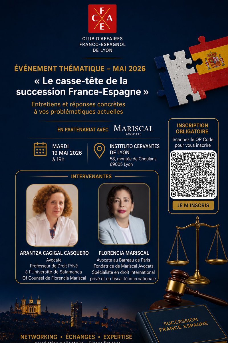 CogEspLyon's tweet photo. El Club d’Affaires Franco-Espagnol de Lyon (CAFE) organiza «El rompecabezas de la sucesión Francia‑España»
📅 19 de mayo de 2026 
🕖 19:00
📍 Instituto Cervantes de Lyon
Con A. Cagigal Casquero (Univ. Salamanca) y F. Mariscal (Mariscal Avocats, París)
🔗 https://t.co/YMMwVdznqS https://t.co/MblHfbaepe