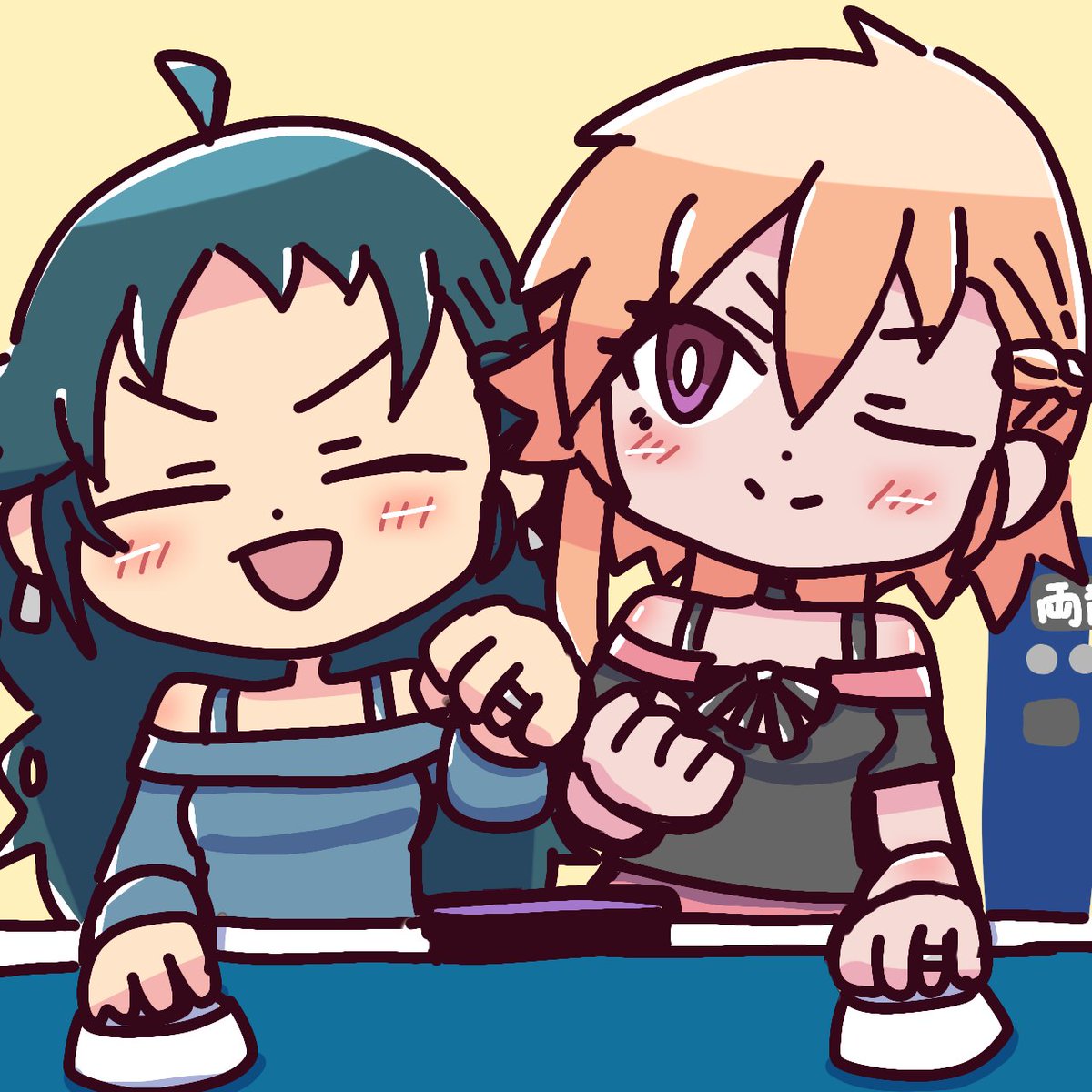 エアーホッケーでタッグを組む南条光と二宮飛鳥のファンアートでぇす