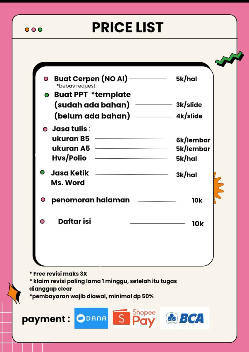 taerdesak's tweet photo. open yaa joki tugas. 6

daftar isi, daftar gambar, daftar tabel, daftar lampiran, penomoran halaman, jasa ketik, rapiin format.
https://t.co/HgItLq8tPW (testi di katalog wa yaa) #zonauang https://t.co/mQwaHyXuXb