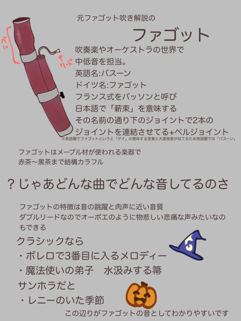 オケコンでファゴットくんあんまり認知されてないようだったので
あのトロンボーンもチェロもホルンも演奏してないのにメロディ吹いてた中低音なに！？って人向け用
ファゴットの簡単な解説です！

ちなみにリードからベルまでの長さが3メートル
組み立てた状態でも1.3〜1.5メートルほどあるでかい楽器