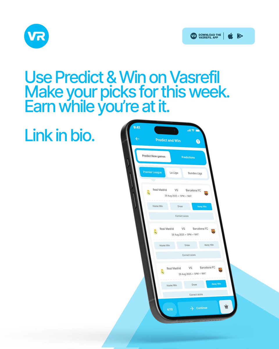 vasrefil's tweet photo. Your football opinions don’t have to end in group chats.
Turn your predictions into something real 
With Predict &amp; Win on Vasrefil, you’re not just watching. You’re earning.

Download the Vasrefil app now. https://t.co/hCBml6KVPP